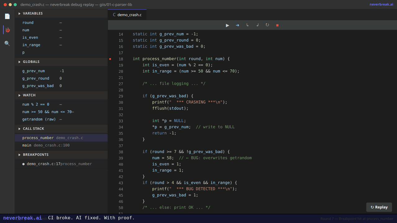 VS Code debug replay showing variable values stepping through crash